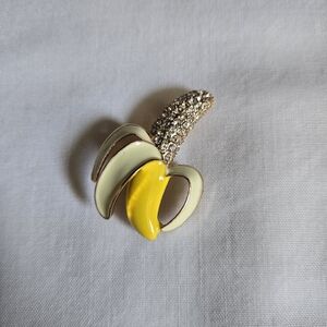 Rhinestone and Enamel Banana Brooch - Yellow & Cream